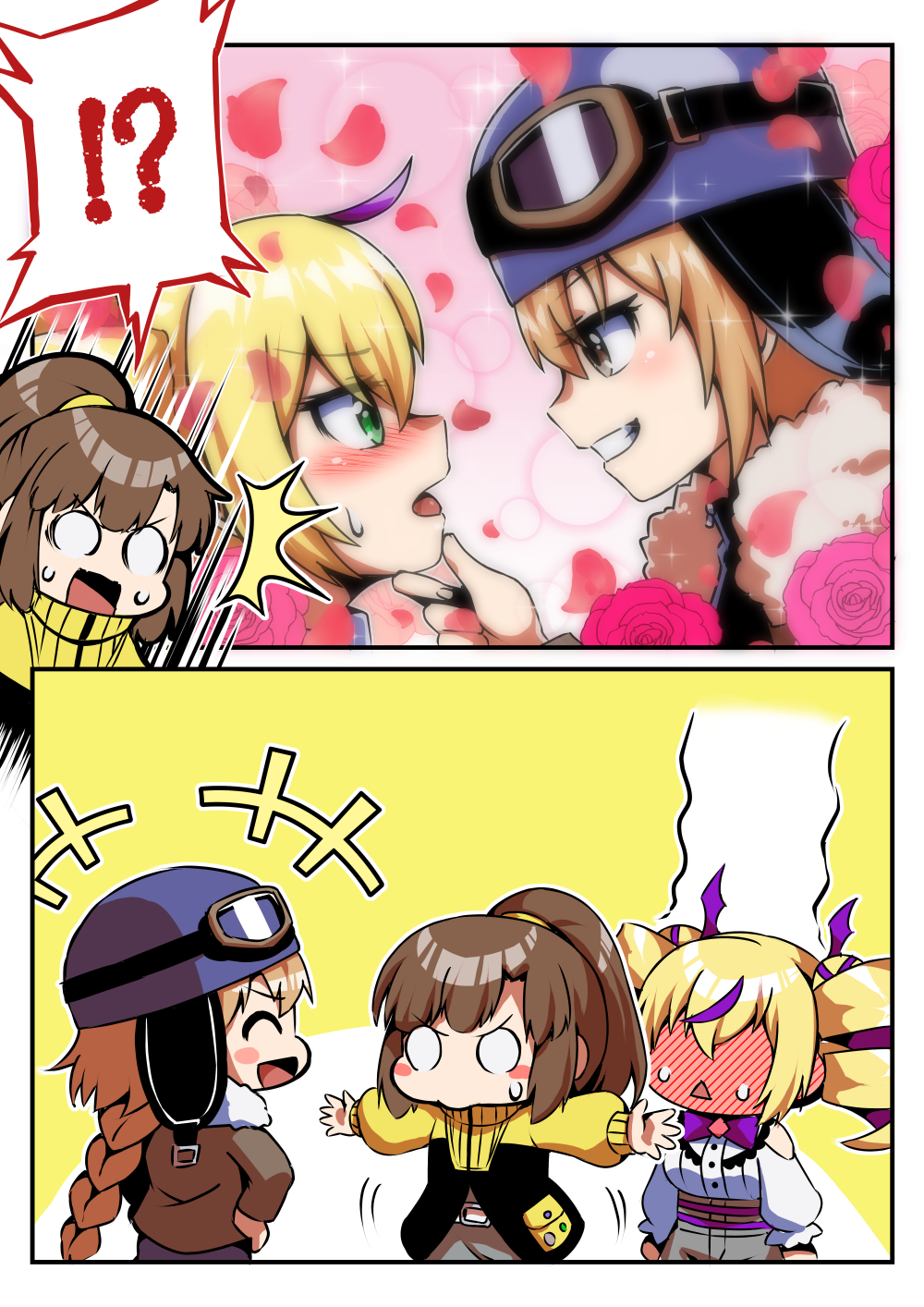 !?, 3girls, black_jacket, blonde_hair, blue_helmet, blush, braid, braided_ponytail, brown_hair, chibi, digimon, digimon_card_game, digimon_liberator, diti_(selecta), drill_hair, flower, full-face_blush, goggles, goggles_on_head, goggles_on_headwear, helmet, high_ponytail, highres, jacket, kinosaki_arisa, kinosaki_mirai, long_hair, multicolored_hair, multiple_girls, official_alternate_costume, petals, pink_background, ponytail, pout, profile, purple_hair, red_flower, red_petals, red_rose, rose, shirt, simple_background, speech_bubble, streaked_hair, surprised, twin_drills, two-tone_hair, violet_inboots, white_shirt, yellow_background, yellow_jacket, yuri