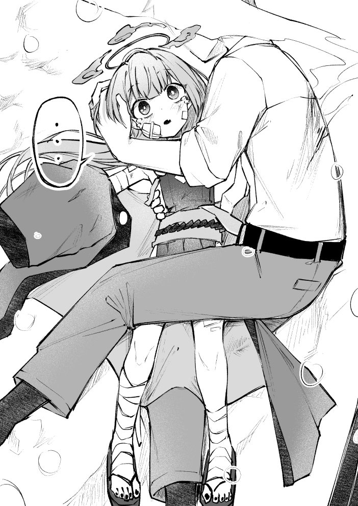 ..., 1boy, 1girl, arm_around_another's_waist, bandage_on_face, bandaged_leg, bandages, belt