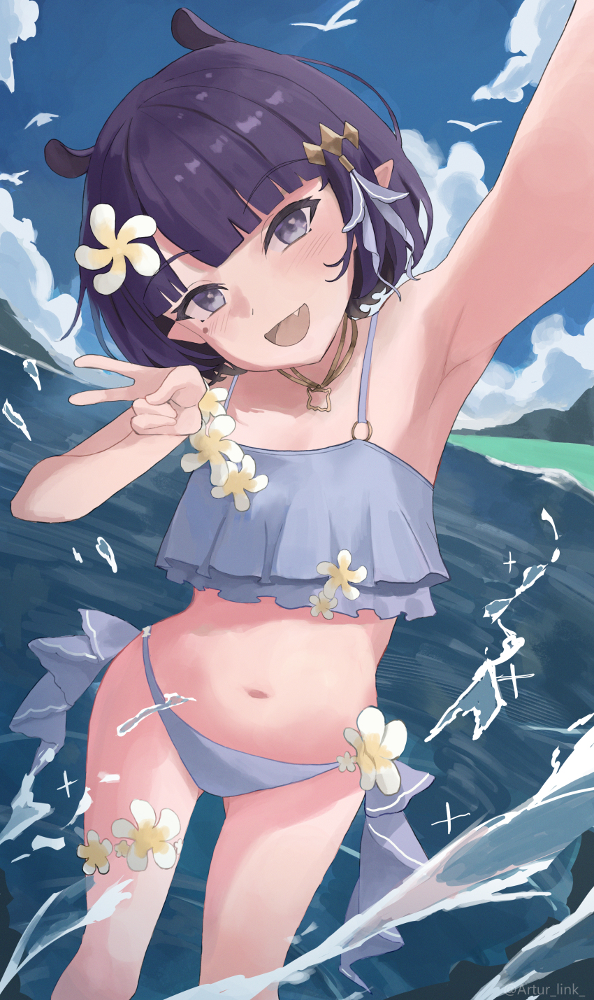 1girl, :d, absurdres, armpit_focus, armpits, artur_link, bikini, blue_sky