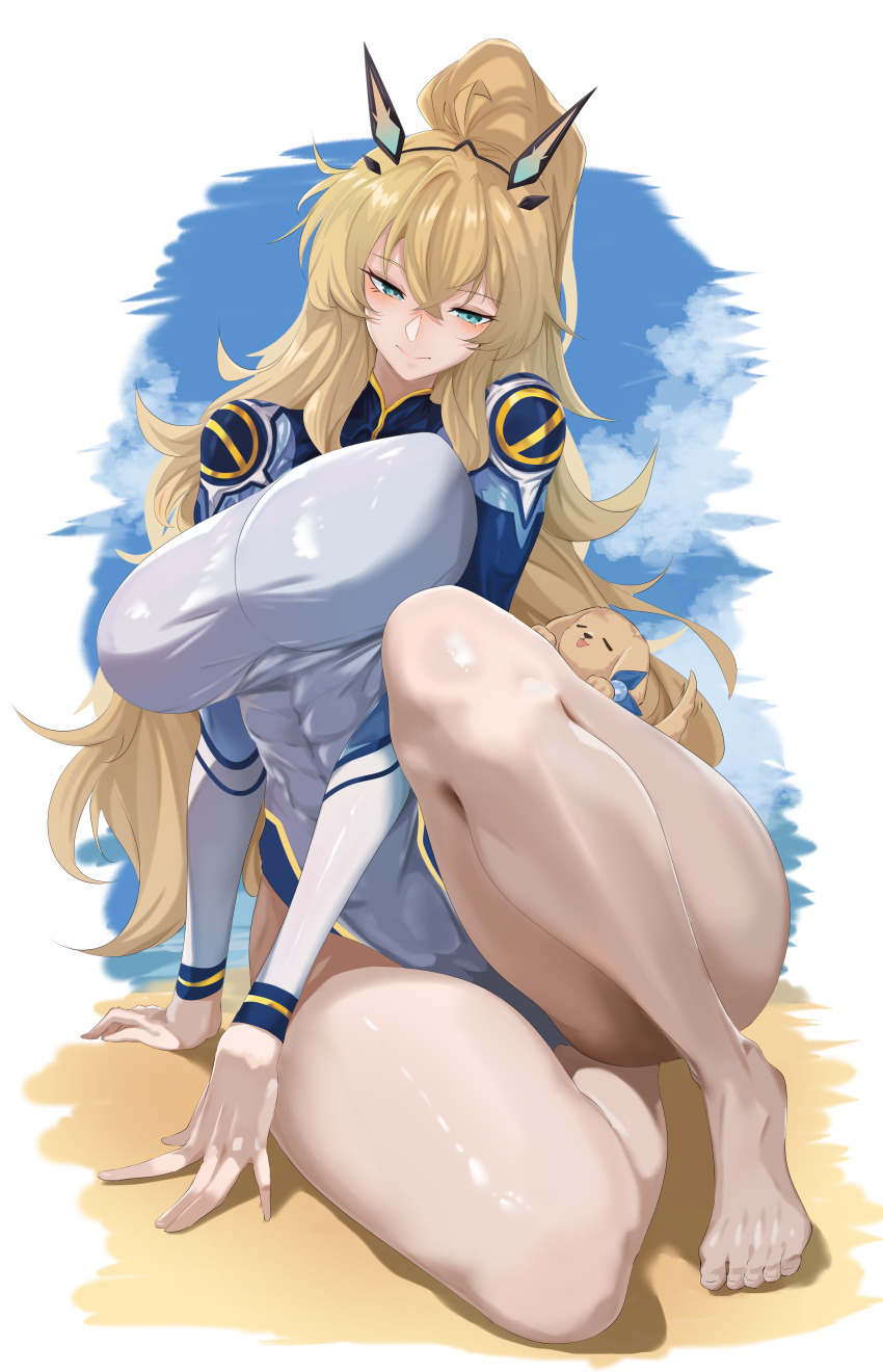 1girl, abs, absurdres, barghest_(fate), barghest_(over_the_same_sky)_(fate), blonde_hair, blue_wetsuit, blush