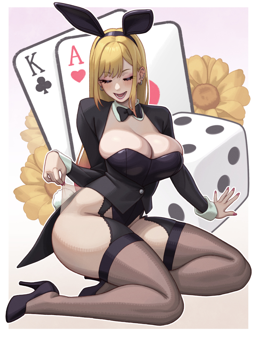 1girl, absurdres, ace_(playing_card), ace_of_hearts, animal_ears, black_bow, black_leotard, black_shoes
