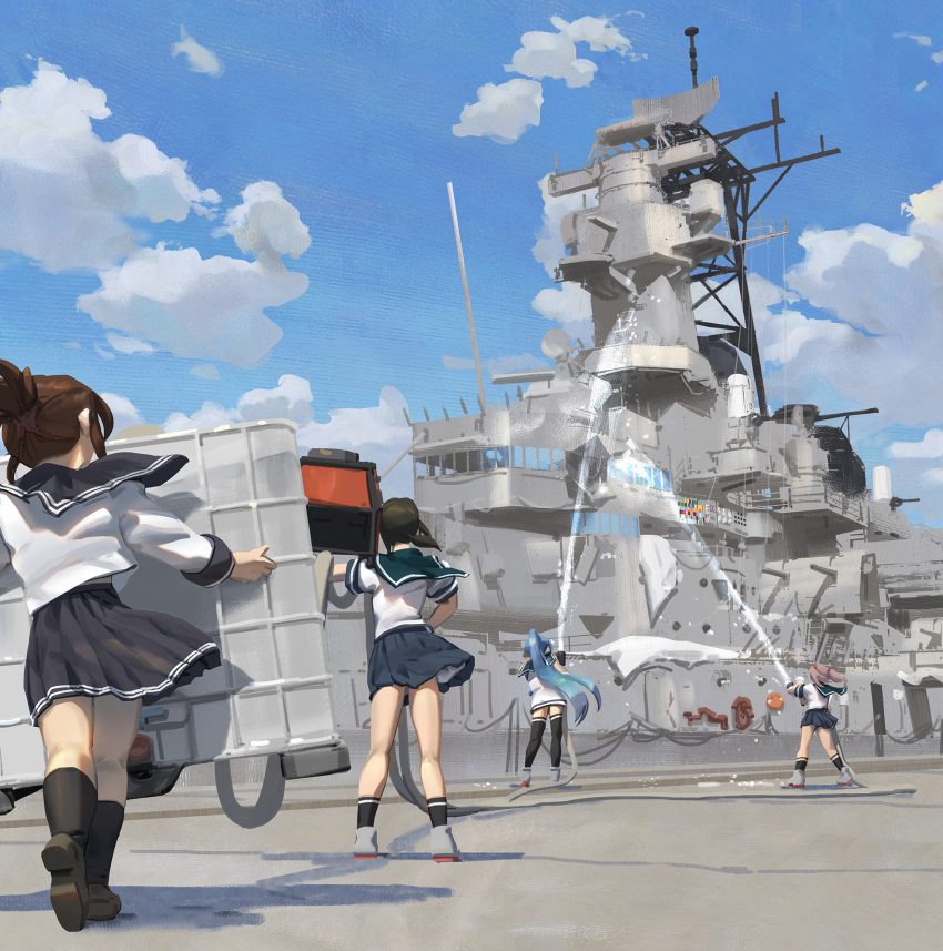 4girls, autocannon, battleship, black_hair, black_sailor_collar, black_thighhighs, blue_hair, brown_hair