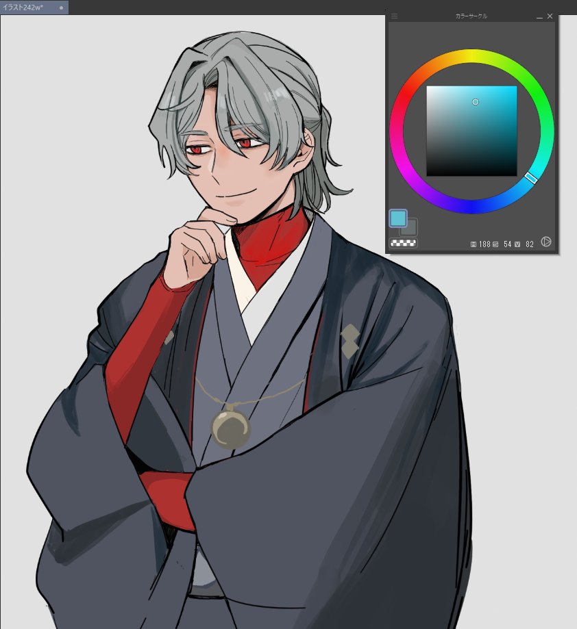 1boy, antonio_salieri_(fate), antonio_salieri_(over_the_same_sky)_(fate), art_program_in_frame, bridal_gauntlets, clip_studio_paint_(medium), closed_mouth, curtained_hair