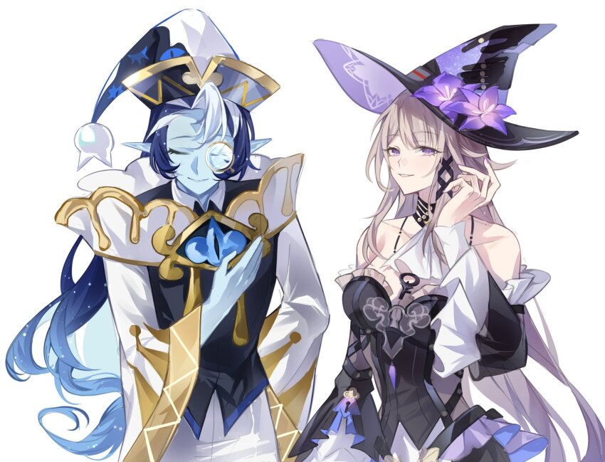 1boy, 1girl, ascot, bare_shoulders, black_choker, black_dress, black_hat, blue_skin, choker, colored_skin, commentary, cookie_run, cookie_run:_kingdom, detached_sleeves, dress, flower, grey_hair, grin, hat, hat_flower, herta_(honkai:_star_rail), highres, honkai:_star_rail, honkai_(series), long_hair, long_sleeves, looking_at_viewer, monocle, parted_lips, pointy_ears, purple_eyes, purple_flower, shadow_milk_cookie, shadow_milk_cookie_(sage_of_truth), simple_background, smile, strapless, strapless_dress, the_herta_(honkai:_star_rail), upper_body, very_long_hair, white_ascot, white_background, white_hat, witch_hat, yaojingwangchudi