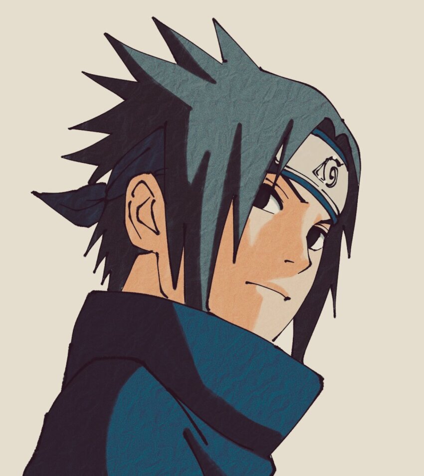 1boy, black_eyes, black_hair, blue_shirt, closed_mouth, forehead_protector, highres, k00399608, konohagakure_symbol, looking_at_viewer, male_focus, naruto_(classic), naruto_(series), shirt, short_hair, solo, uchiha_sasuke, upper_body, white_background