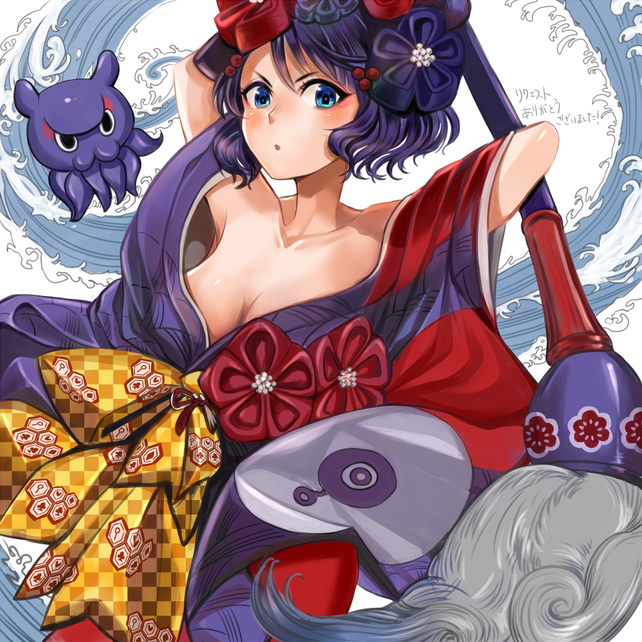 1girl, bare_shoulders, blue_eyes, breasts, chirao_(tirao777), cleavage, collarbone, commentary, fate/grand_order, fate_(series), flower, giant_brush, hair_flower, hair_ornament, holding, holding_paintbrush, japanese_clothes, katsushika_hokusai_(fate), katsushika_hokusai_(second_ascension)_(fate), kimono, large_breasts, light_blush, looking_at_viewer, octopus, paintbrush, parted_lips, purple_hair, purple_kimono, serious, short_hair, toto-sama_(fate), translation_request, v-shaped_eyebrows, water