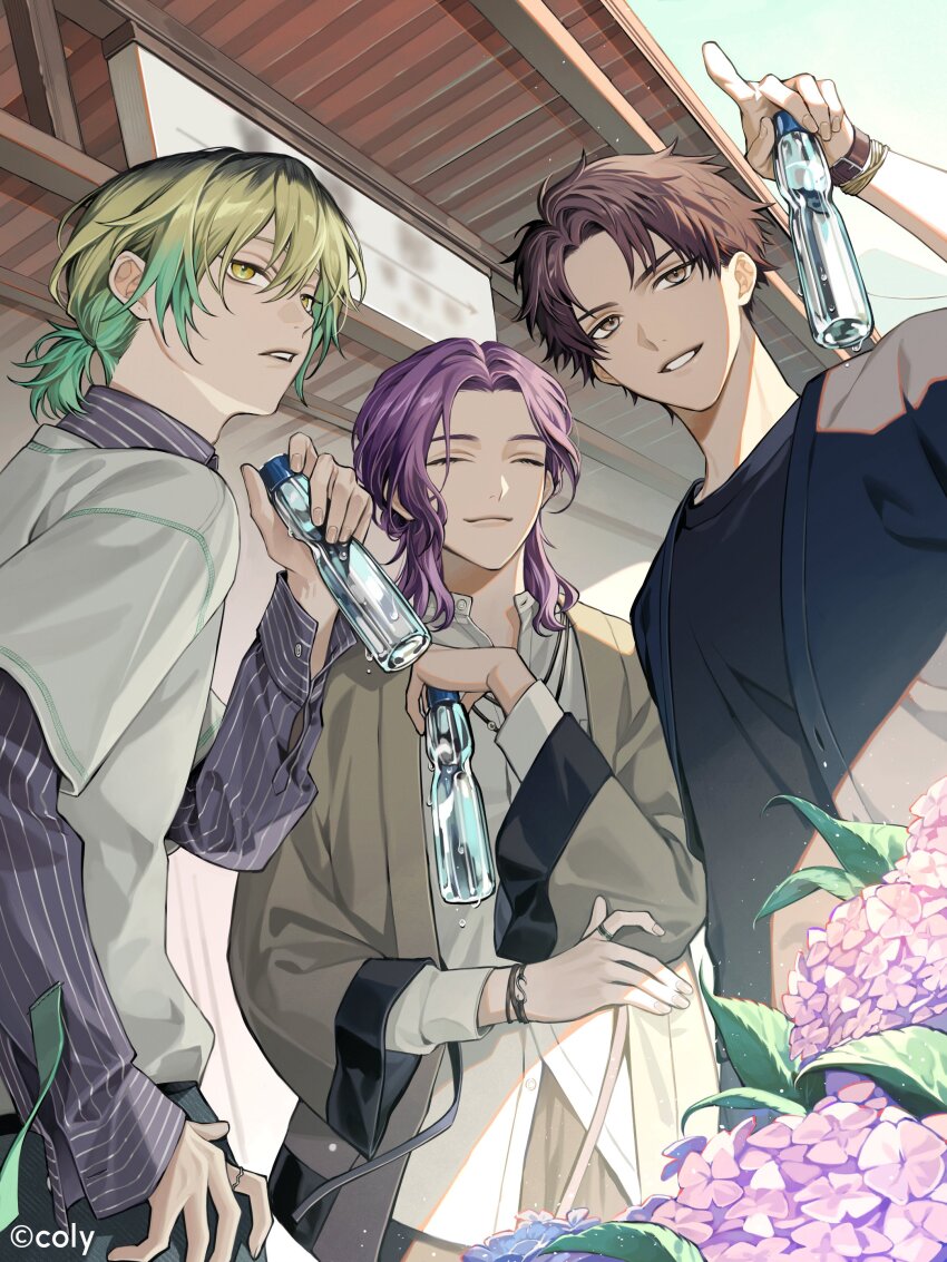 3boys, absurdres, black_shirt, blonde_hair, blue_shirt, bottle, bracelet, break_my_case, brown_eyes, brown_hair, closed_eyes, closed_mouth, day, flower, green_hair, grin, hair_between_eyes, highres, holding, holding_bottle, hydrangea, ichikawa_haruhi, jewelry, layered_sleeves, light_particles, long_sleeves, looking_ahead, low_ponytail, male_focus, medium_hair, multicolored_hair, multiple_boys, necklace, official_art, okiya_sei, open_clothes, open_shirt, outdoors, parted_lips, ponytail, purple_flower, purple_hair, ramune, ring, roots_(hair), shirt, short_hair, short_over_long_sleeves, short_sleeves, smile, standing, striped_clothes, striped_shirt, tsukimoto_taiga, uminonew, undershirt, white_shirt, wide_sleeves, yellow_eyes