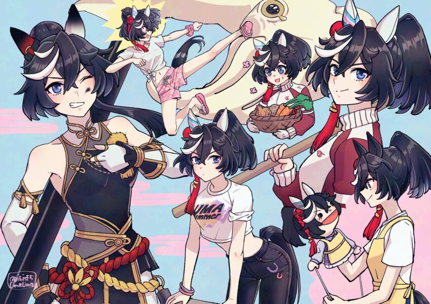 1girl, adversarial_noise, animal_ears, bare_shoulders, basket, black_dress, black_hair, black_pants