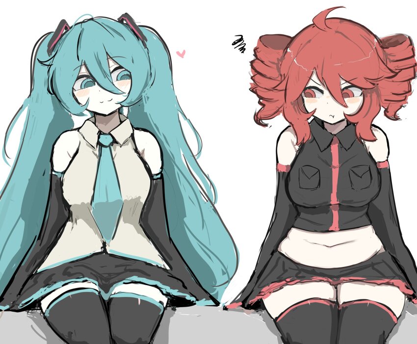 2girls, :3, ahoge, annoyed, aqua_eyes, aqua_hair, bare_shoulders, black_skirt