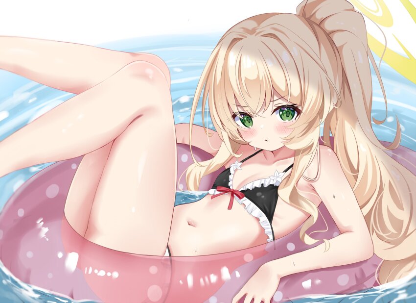 1girl, bikini, black_bikini, blonde_hair, blue_archive, blush, breasts, feet_out_of_frame