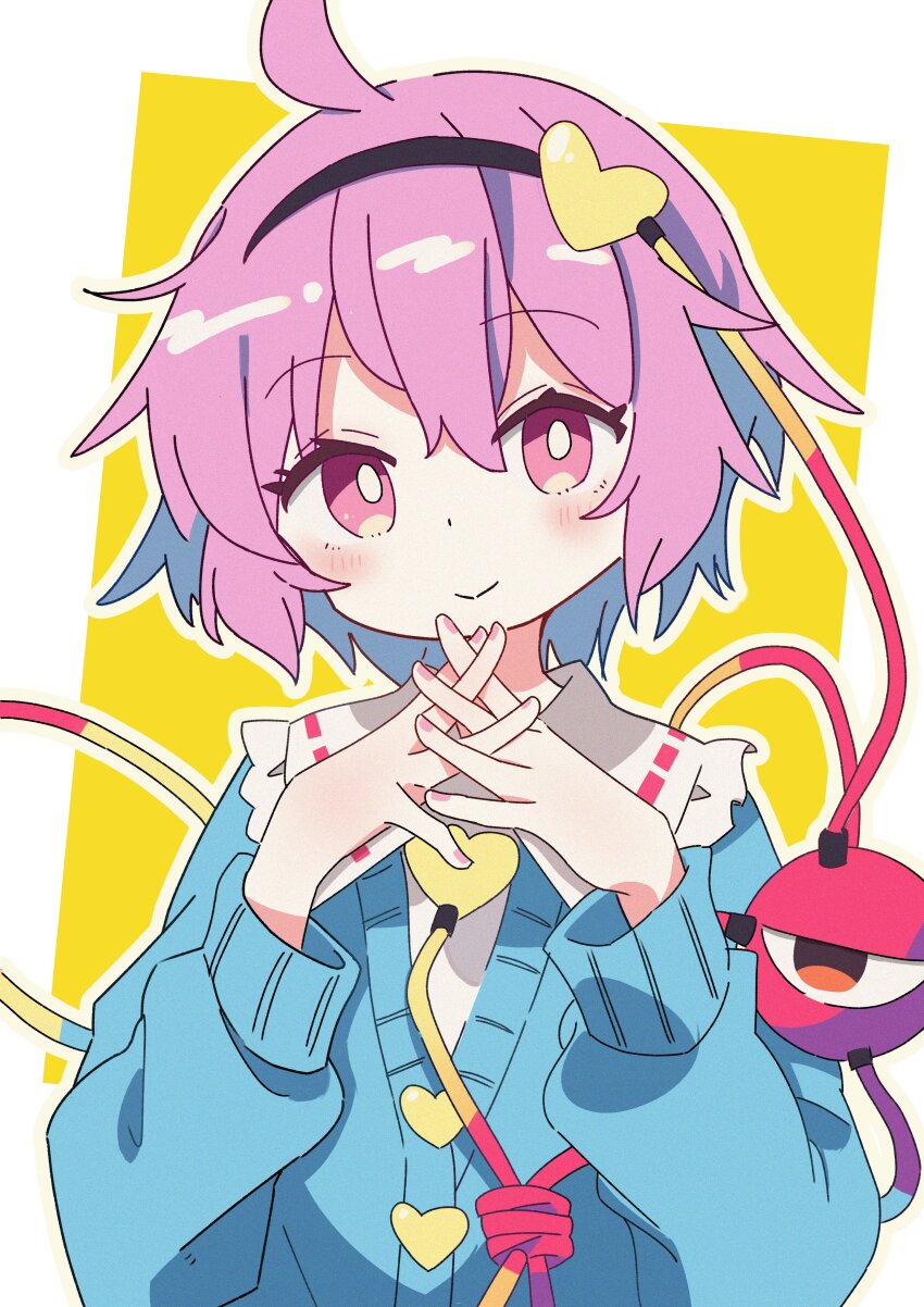 1girl, absurdres, adapted_costume, ahoge, black201_wav, black_hairband, blue_cardigan, blush