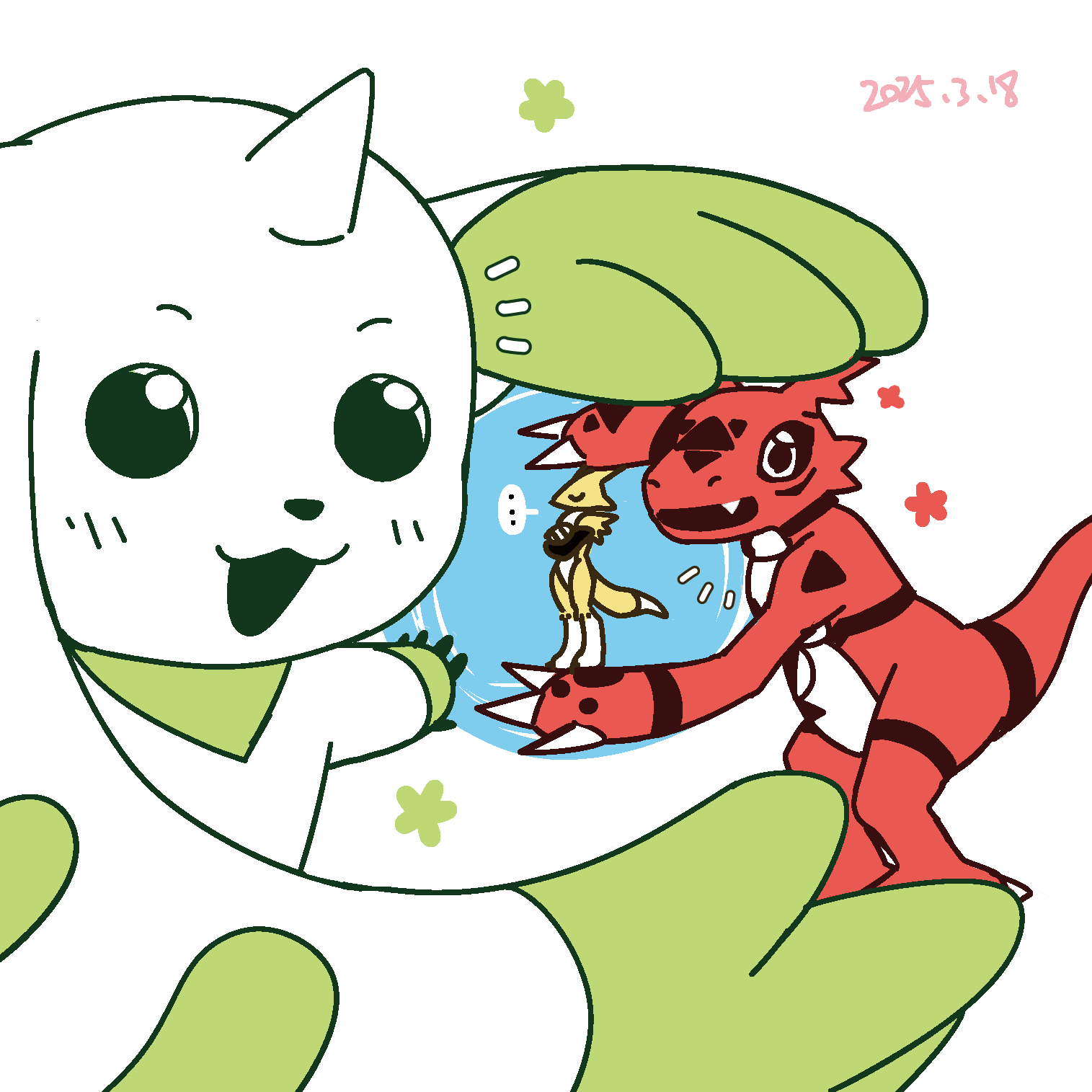 black_eyes, claws, digimon, digimon_(creature), digital_hazard, fang, flower, guilmon, happy, highres, horns, looking_at_another, looking_at_viewer, open_mouth, pixiv_user_(11374173), renamon, smile, tail, terriermon