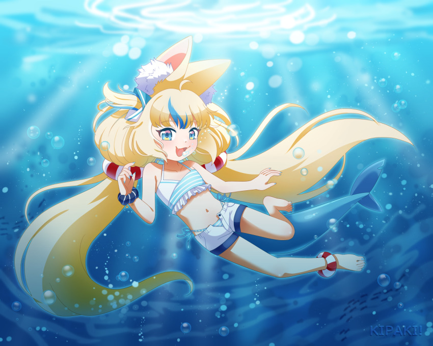 1girl, :d, ahoge, air_bubble, animal_ear_fluff, animal_ears, artist_name, barefoot