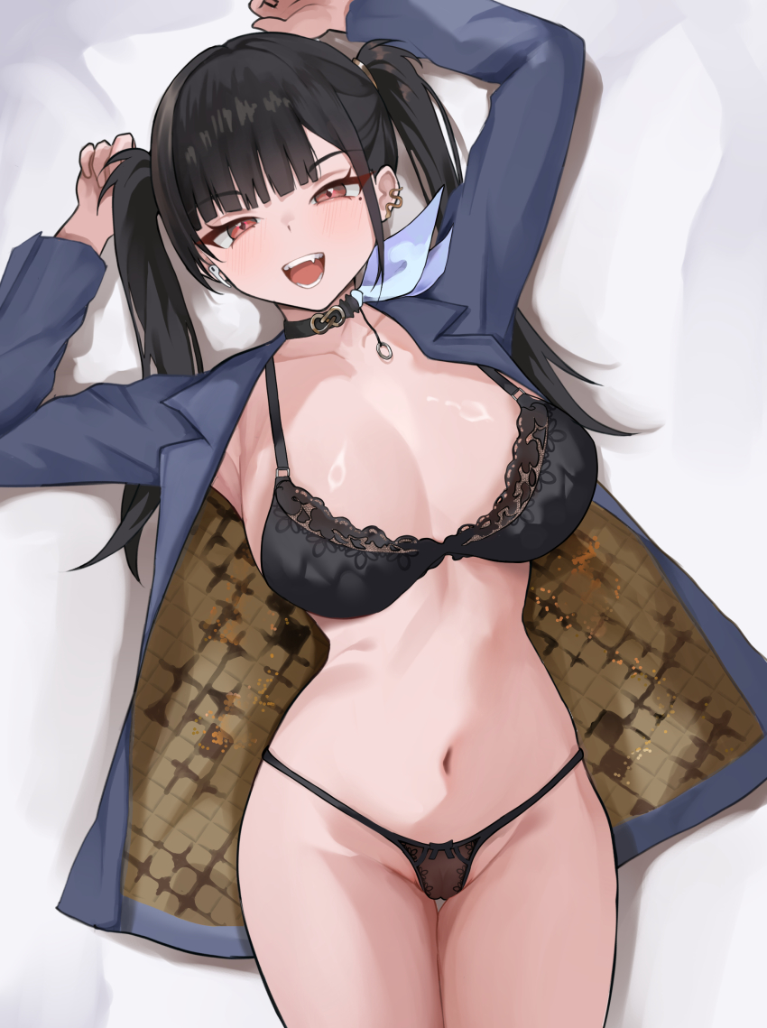 1girl, :d, absurdres, arms_up, black_bow, black_bra, black_choker, black_hair