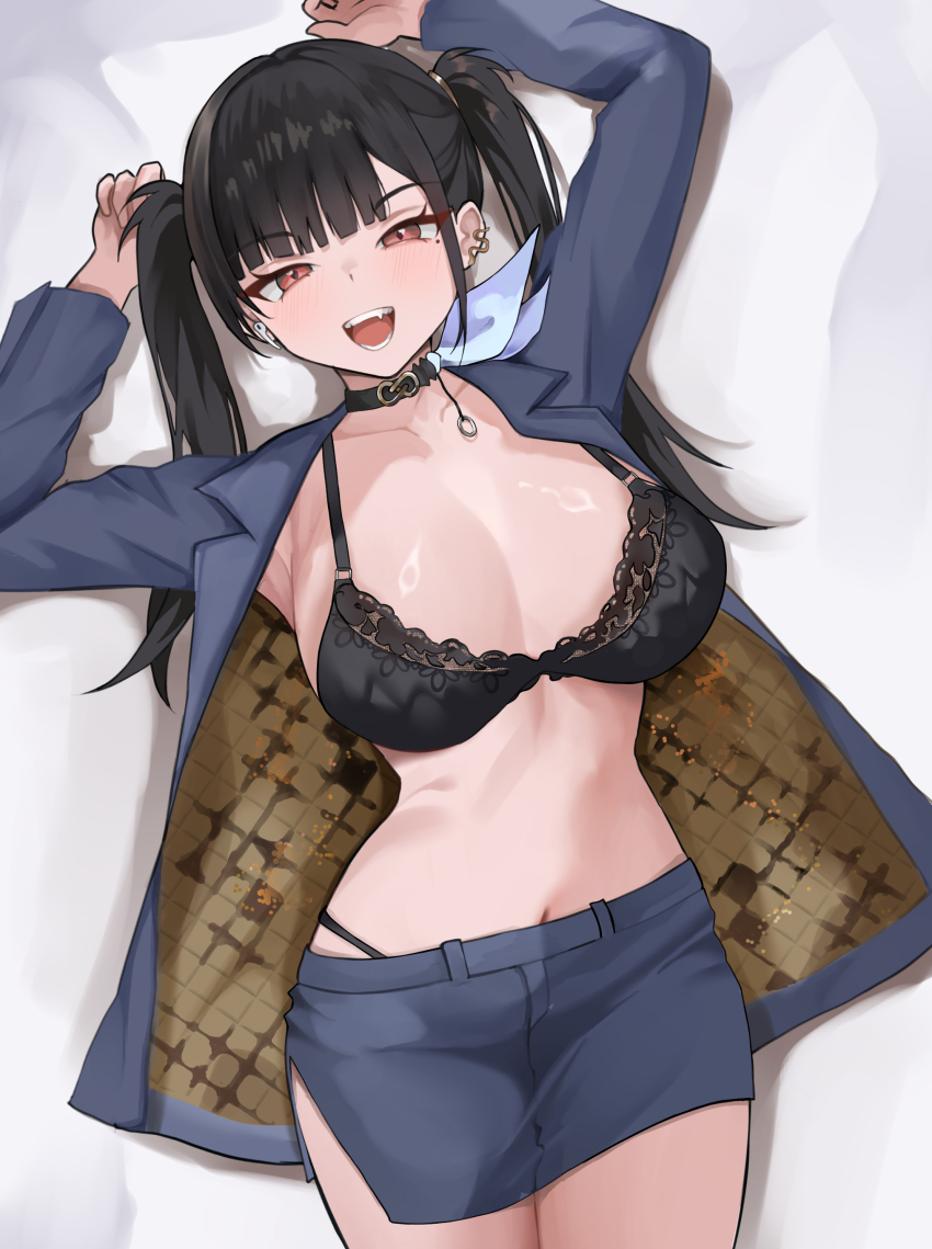 1girl, :d, absurdres, arms_up, black_bra, black_choker, black_hair, black_jacket