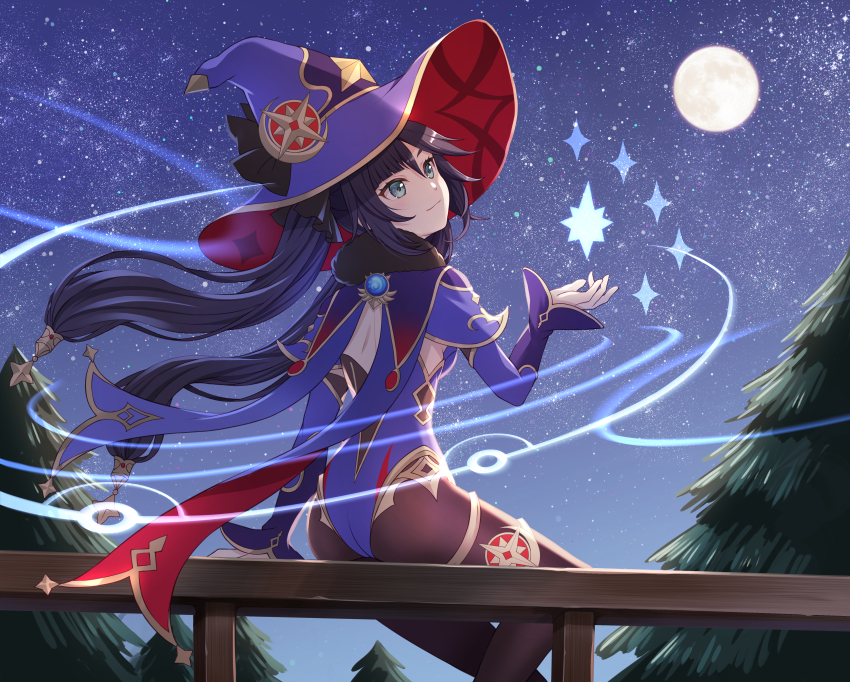 1girl, absurdres, ankoro, black_hair, black_pantyhose, blue_leotard, blue_sleeves, closed_mouth