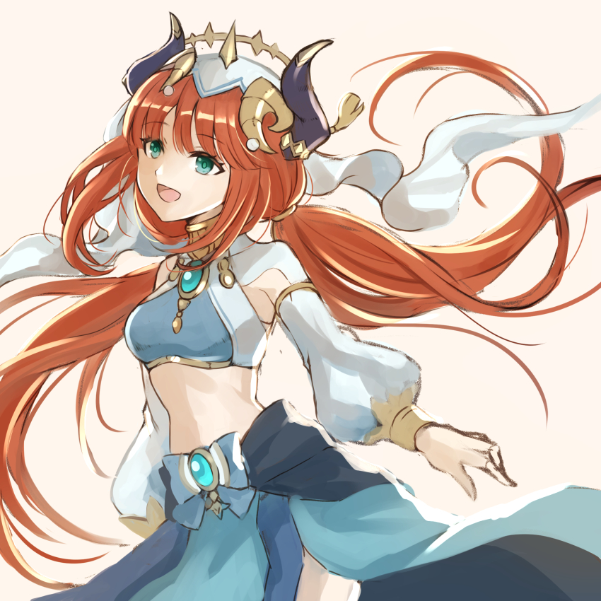 1girl, :d, ankoro, aqua_gem, blue_skirt, cow_horns, crop_top, detached_sleeves