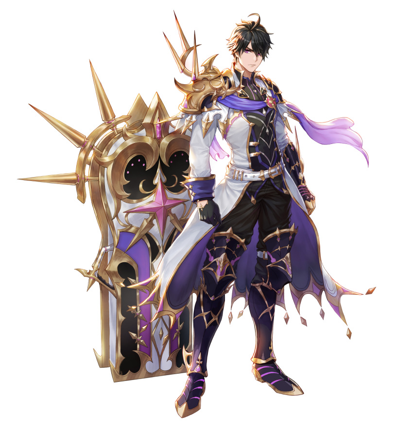 1boy, absurdres, ahoge, armor, armored_boots, black_gloves, black_hair, black_pants