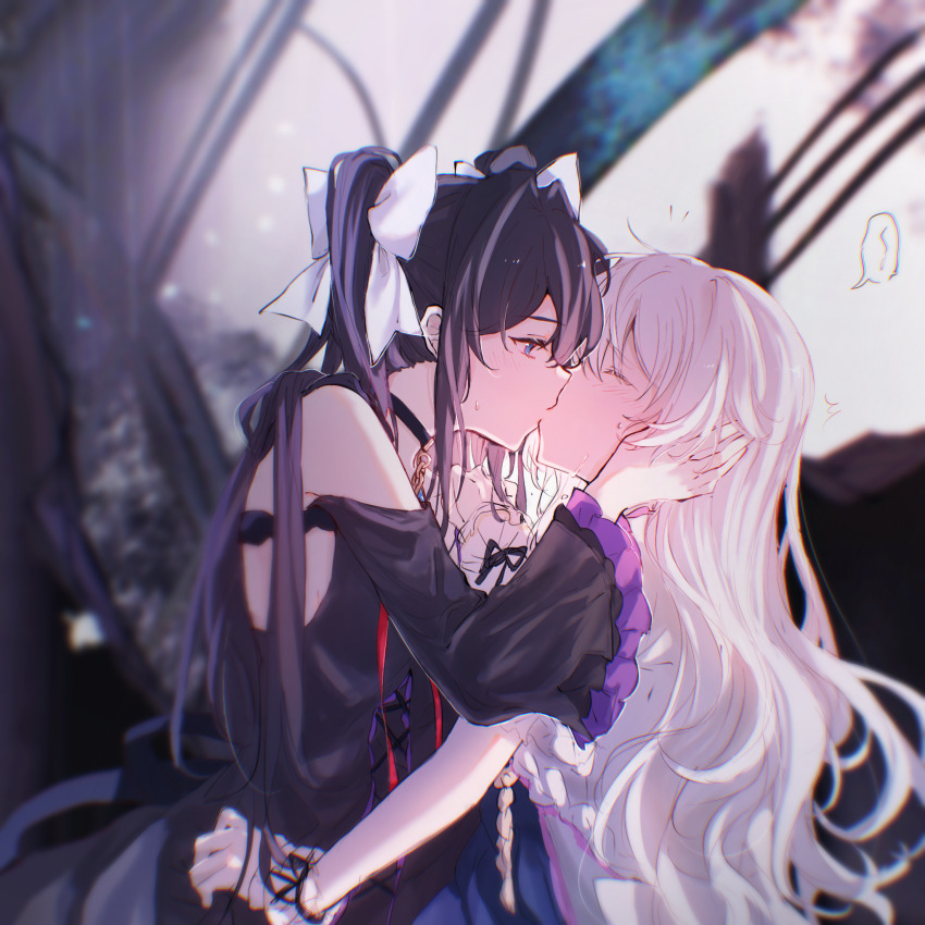 2girls, arcaea, bare_shoulders, black_choker, black_dress, black_hair, blue_eyes, blurry