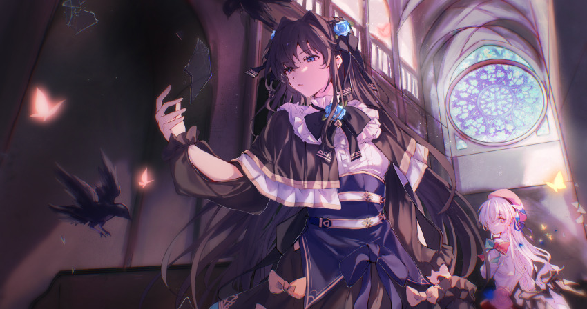 2girls, absurdres, arcaea, arm_at_side, arm_cutout, bird, black_bird, black_bow