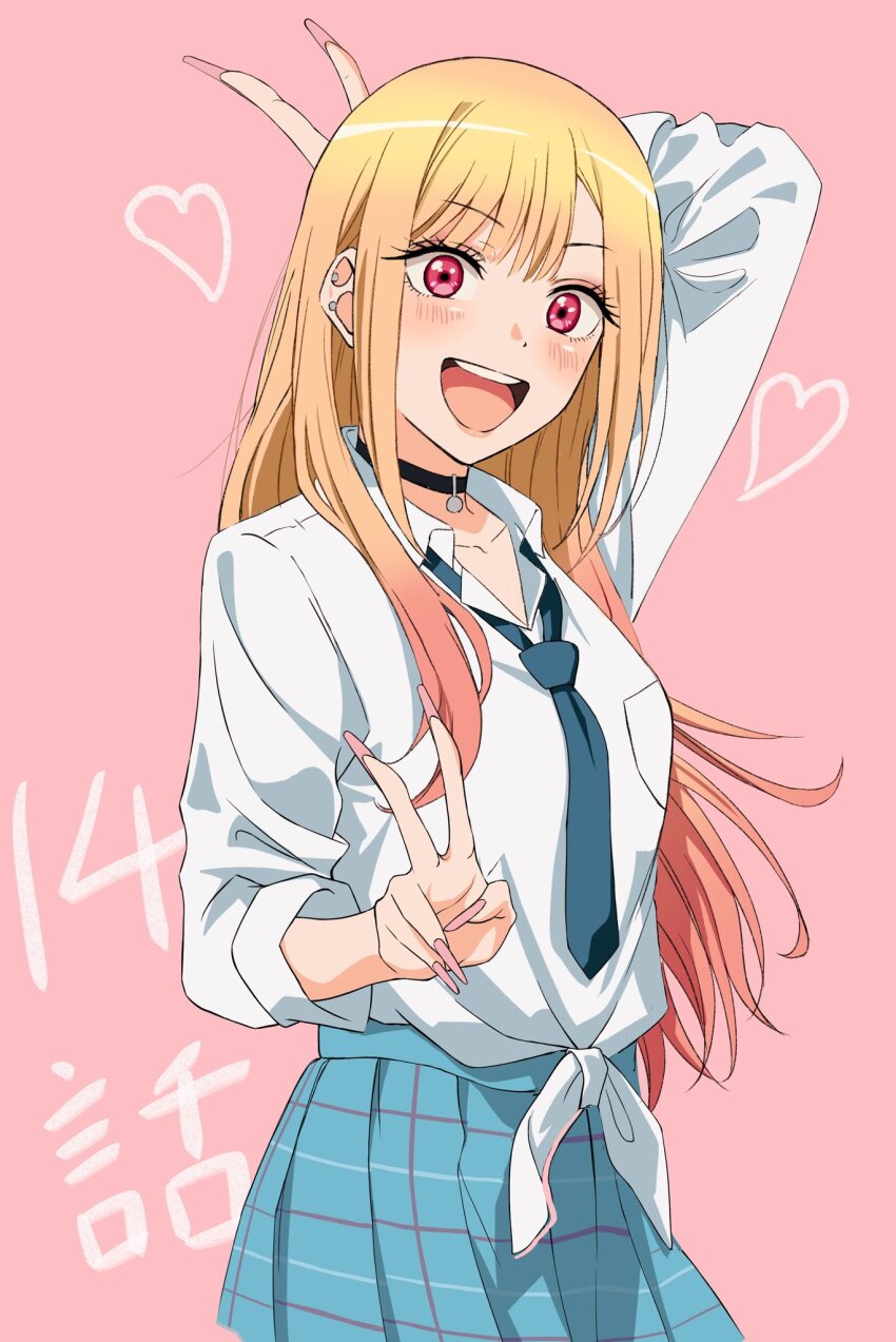 1girl, andanden, arm_behind_head, blonde_hair, blue_skirt, double_v, gradient_hair, highres