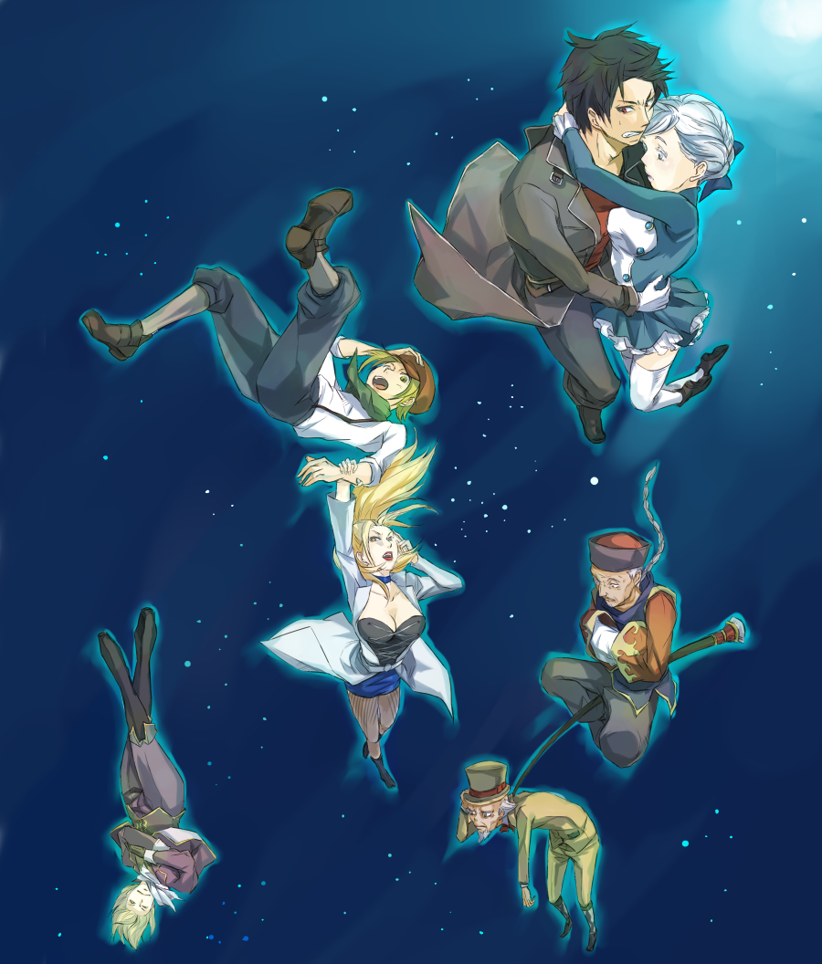 2girls, 5boys, alice_elliot, beard, belt, black_hair, blonde_hair, blue_ribbon