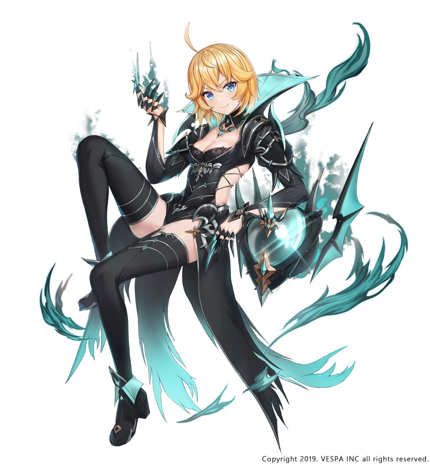 1girl, ahoge, annette_(king's_raid), arm_up, armor, bat_wings, black_claws, black_dress