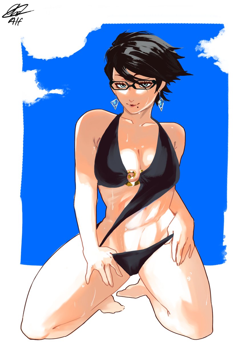 1girl, alfdavinchi, bayonetta, bayonetta_(series), bikini, black-framed_eyewear, black_bikini, black_hair, blue_background, breasts, cleavage, collarbone, commentary, commission, earrings, english_commentary, full_body, glasses, highres, jewelry, kneeling, mole, mole_under_eye, short_hair, signature, solo, swimsuit