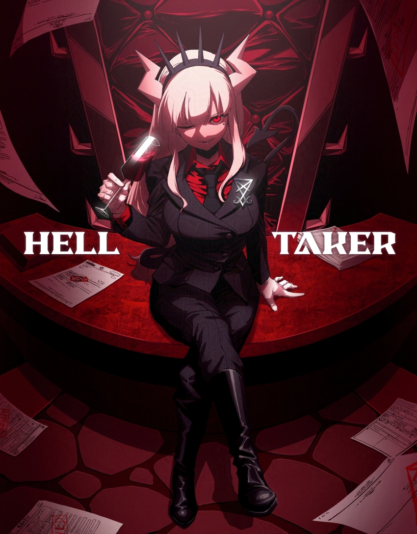 1girl, absurdres, black_boots, black_jacket, black_pants, boots, crossed_legs, crown, cup, demon, demon_girl, demon_horns, demon_tail, english_text, gloves, helltaker, highres, holding, holding_cup, horns, jacket, long_hair, looking_at_viewer, lucifer_(helltaker), mole, mole_under_eye, office_lady, one_eye_closed, pants, red_eyes, red_shirt, shirt, sitting, tail, white_gloves, white_hair, xi_buang