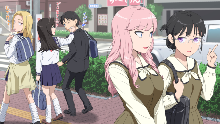 1boy, aged_down, bag, black_bag, black_hair, black_jacket, blonde_hair, blue_bag