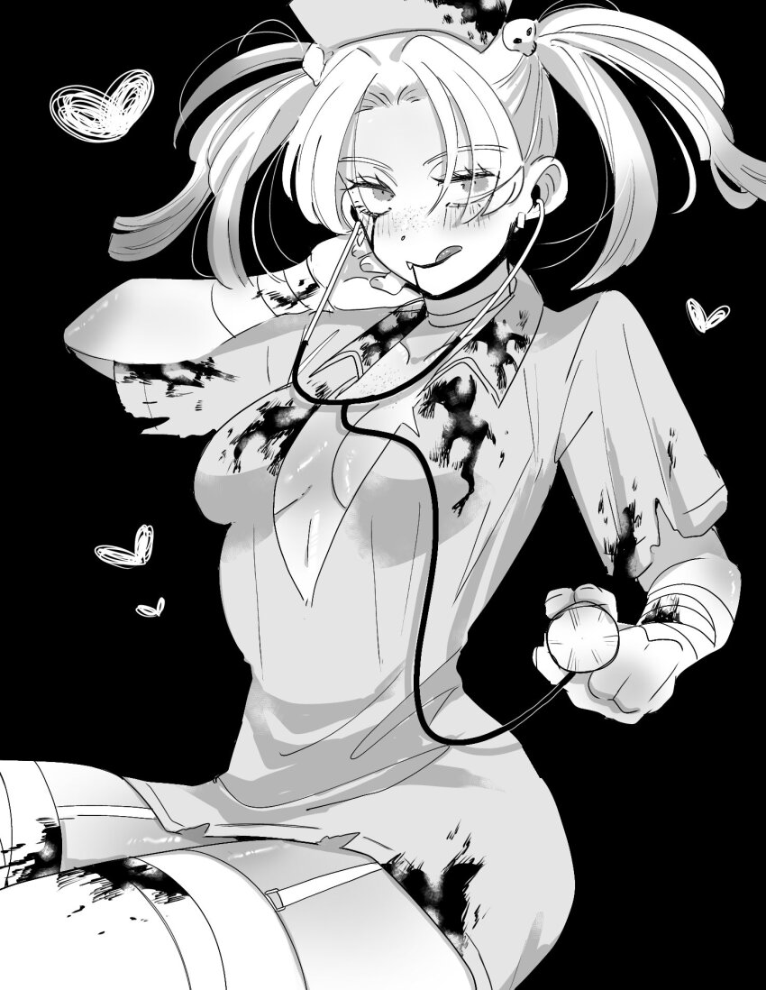 1girl, :q, bandaged_arm, bandages, black_background, blood, blood_on_clothes, blush