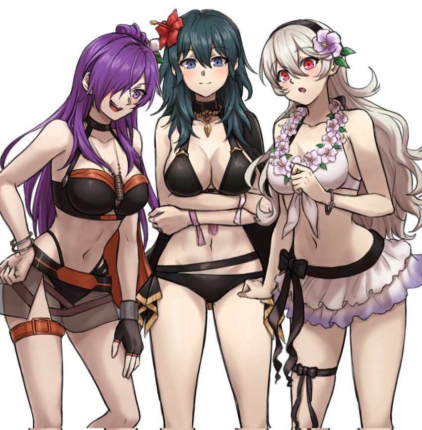 3girls, bikini, black_choker, blue_eyes, bracelet, breasts, choker, cleavage