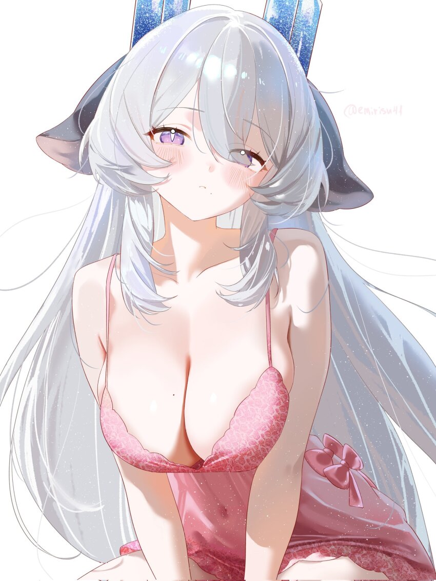 1girl, animal_ears, blush, breasts, cleavage, commentary, commission, corrupted_twitter_file