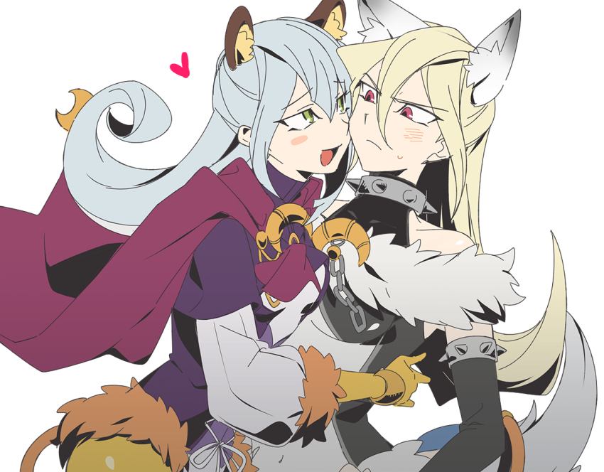 2girls, 3_ma_me, animal_ears, blonde_hair, blush, cape, cosplay, elbow_gloves