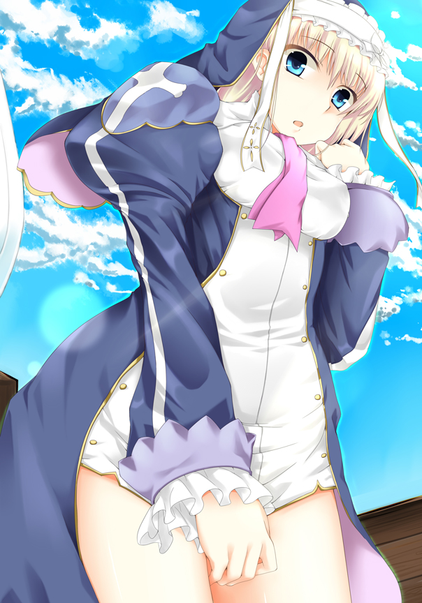 10s, 1girl, blonde_hair, blue_eyes, breasts, cloud, covering_crotch, covering_privates, day, dress, eari_(shining_hearts), female_focus, frills, from_below, habit, hamo_tosaka, looking_down, medium_breasts, nun, nun_headdress, sega, shining_(series), shining_hearts, sky, solo, thighs