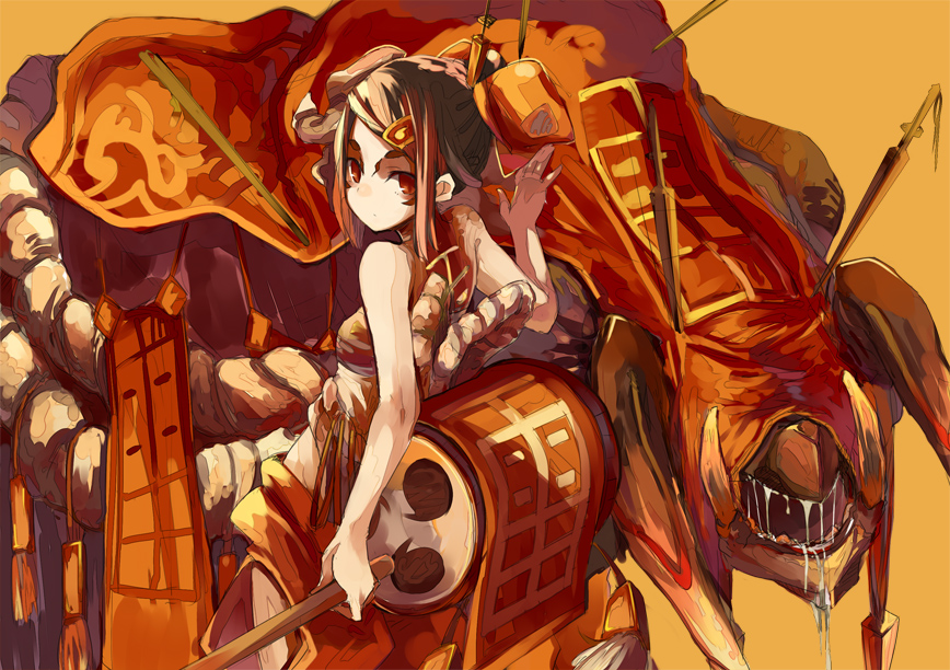 1girl, bad_id, bad_pixiv_id, bare_shoulders, brown_hair, koota_(rlet_loft), looking_back, monster