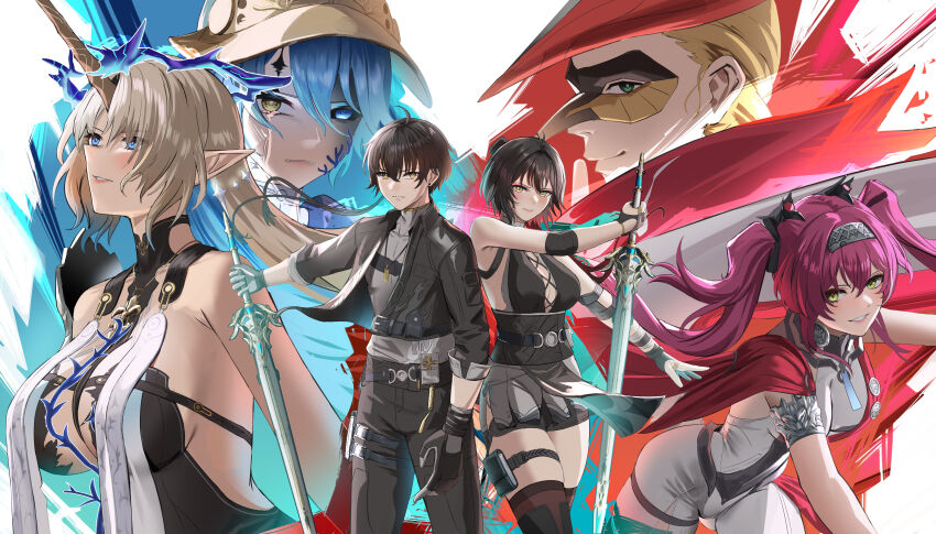 2boys, 4girls, absurdres, anoreika_tomoe, armor, bare_shoulders, black_dress, black_gloves