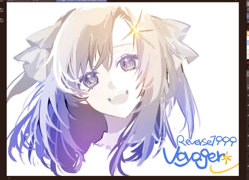 1girl, :d, art_program_in_frame, blue_theme, character_name, clip_studio_paint, copyright_name, hair_ornament