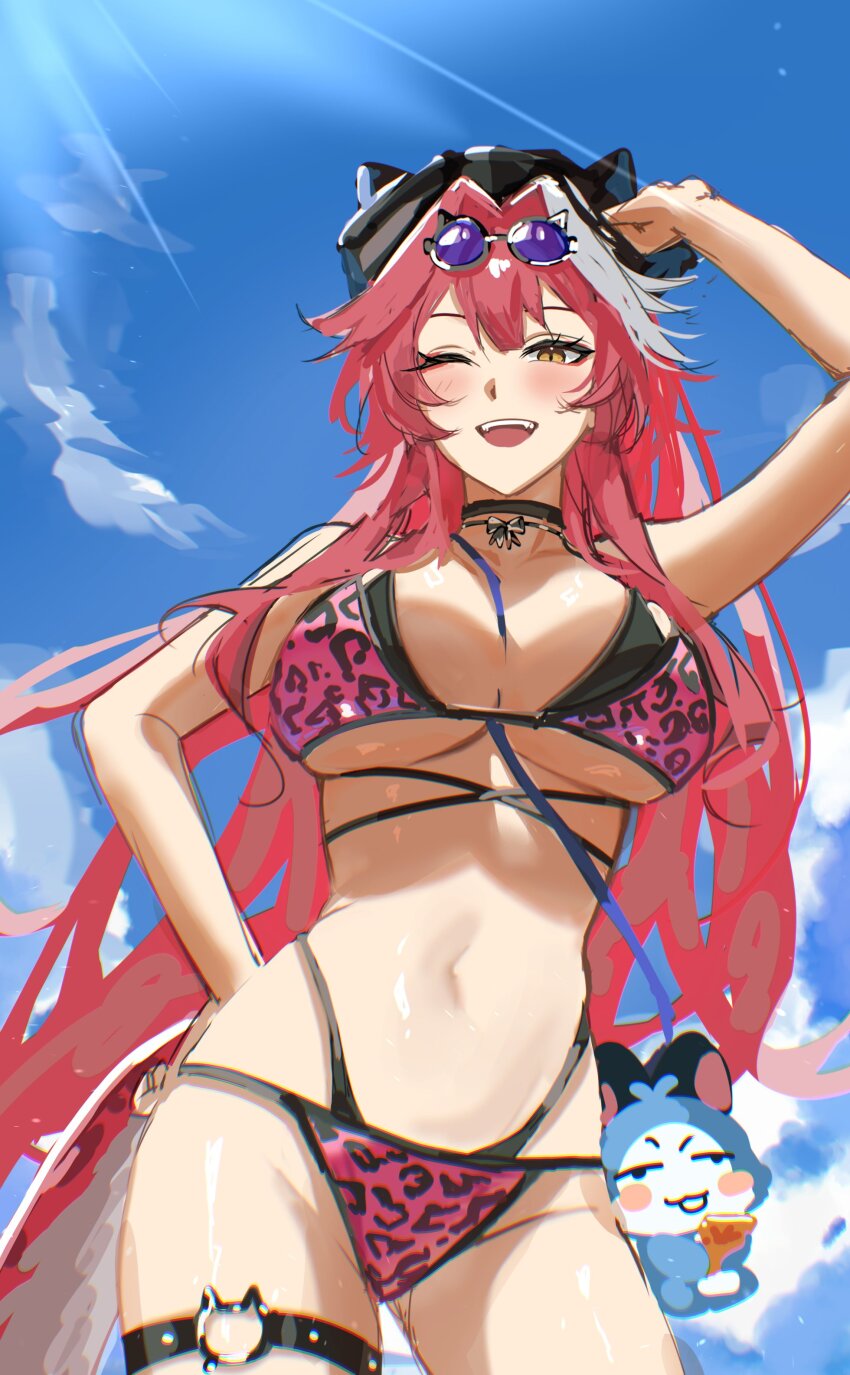 1girl, absurdres, arm_up, bikini, black_bikini, black_hat, blue_sky, blush