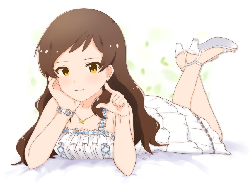 1girl, brown_eyes, brown_hair, butterfly_necklace, closed_mouth, dress, full_body, hand_on_own_face