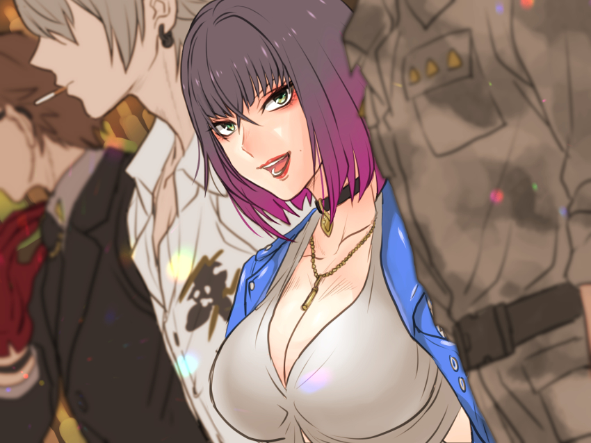 1girl, 3boys, :d, aohitsugi_samatoki, black_choker, blue_jacket, blurry, bob_cut