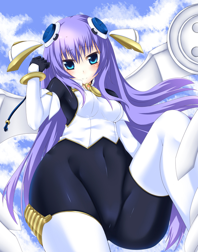 1girl, blazing_star, blue_eyes, blue_hair, blush, bodysuit, breasts, cloud, day, female_focus, foreshortening, hair_ornament, hamo_tosaka, kizuyomina_asayuki, long_hair, matching_hair/eyes, medium_breasts, navel, outdoors, purple_hair, sky, solo, thighhighs, white_thighhighs, wings