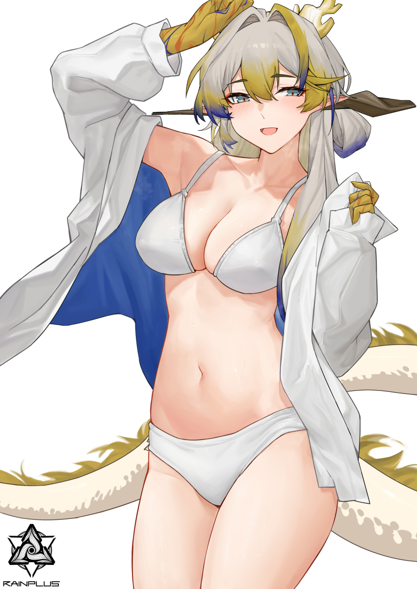 1girl, :d, absurdres, alternate_costume, arknights, arm_up, artist_logo, artist_name