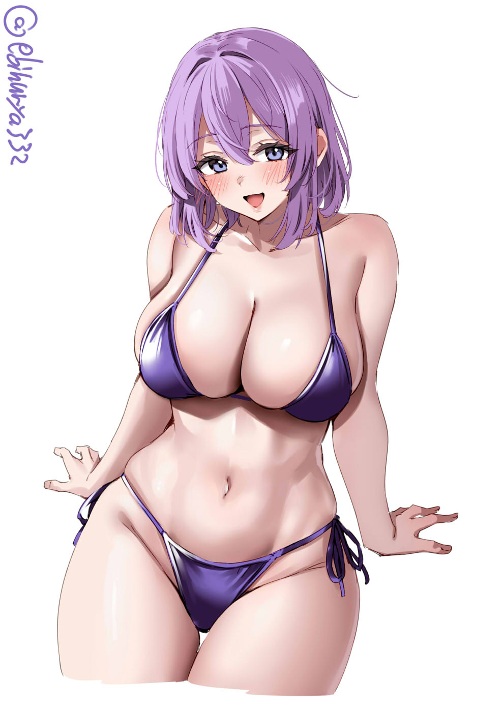1girl, alternate_costume, bikini, breasts, commentary_request, cropped_legs, ebifurya, hair_between_eyes, highres, kantai_collection, large_breasts, lexington_(kancolle), looking_at_viewer, medium_hair, one-hour_drawing_challenge, purple_bikini, purple_eyes, purple_hair, side-tie_bikini_bottom, simple_background, smile, solo, swimsuit, twitter_username, white_background