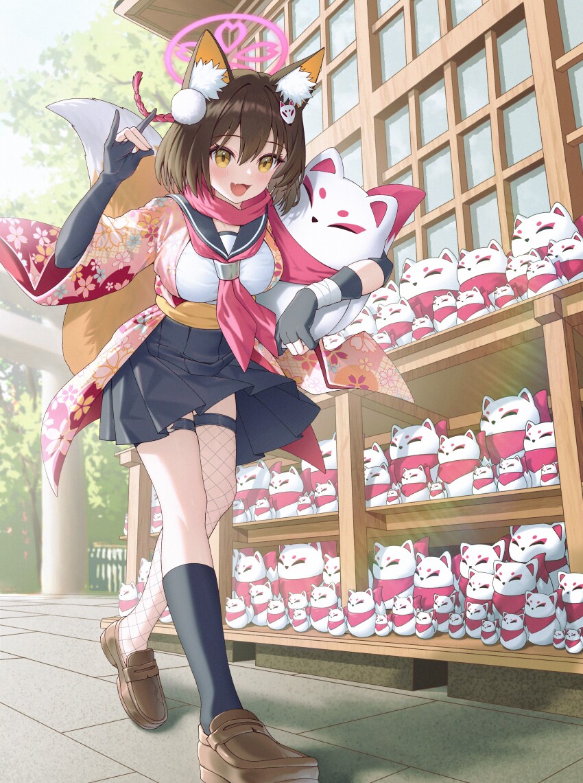 1girl, absurdres, animal_ear_fluff, animal_ears, bandaged_leg, bandages, black_gloves, black_socks