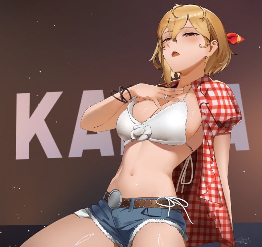 1girl, aou13093, belt, belt_buckle, bikini, blonde_hair, blue_shorts, bracelet