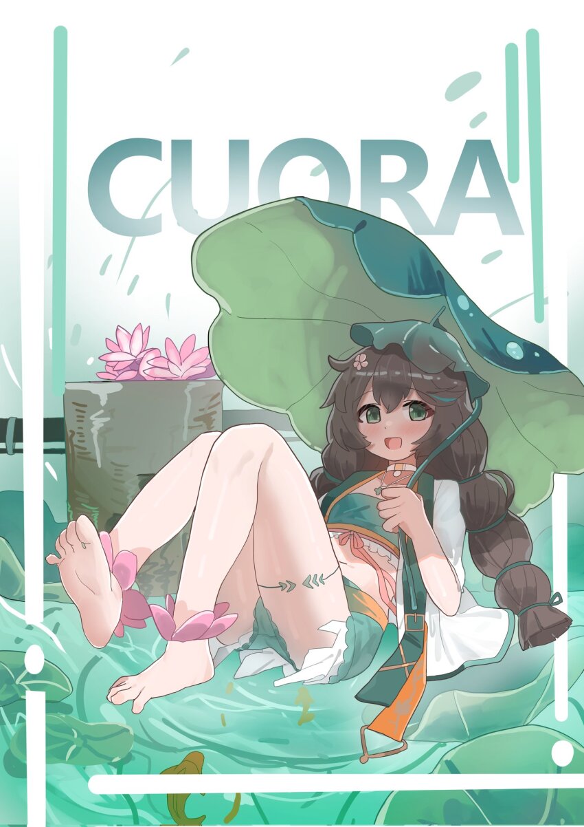 1girl, :d, arknights, bandeau, barefoot, blush, brown_hair, character_name, chinese_commentary, choker, commentary, crop_top, cuora_(amongst_lotuses)_(arknights), cuora_(arknights), flower, frilled_bandeau, frills, full_body, green_bandeau, green_eyes, green_shorts, hair_flower, hair_ornament, hair_tie, highres, holding, hoshikawayoyami, long_hair, looking_at_viewer, official_alternate_costume, open_mouth, pink_flower, short_shorts, shorts, smile, soles, solo, white_choker
