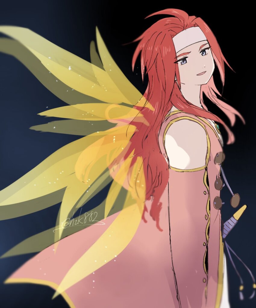 1boy, black_background, black_shirt, blue_eyes, gloves, gradient_background, headband, highres