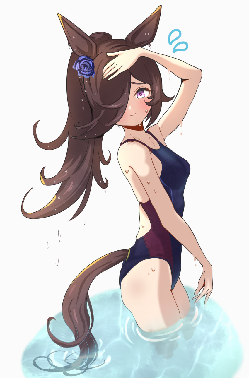 1girl, animal_ears, bare_arms, bare_shoulders, blue_one-piece_swimsuit, blush, brown_hair, closed_mouth, flower, from_side, hair_flower, hair_ornament, highres, horse_ears, horse_girl, horse_tail, itsuyoitsuyo, one-piece_swimsuit, purple_eyes, purple_flower, rice_shower_(umamusume), smile, solo, swimsuit, tail, umamusume, wet