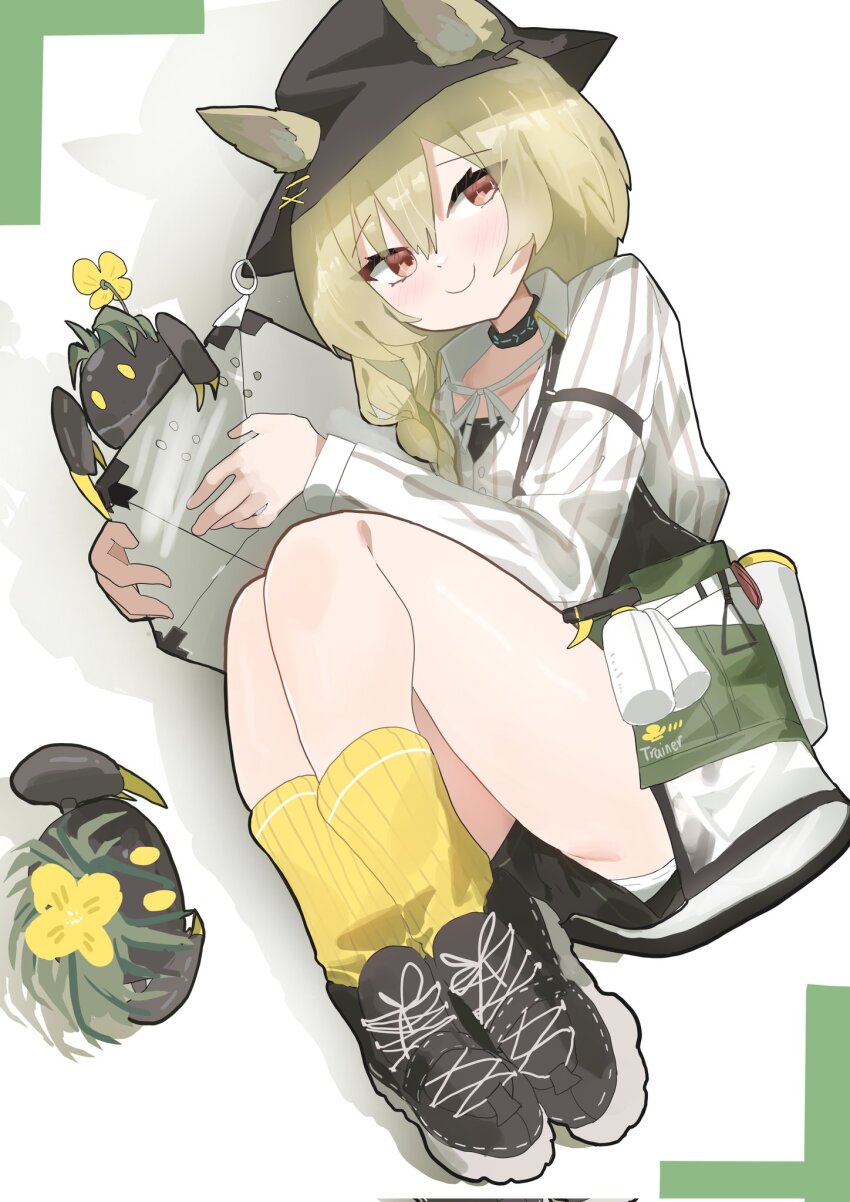 1girl, animal_ears, arknights, beanstalk_(arknights), black_hat, black_shoes, brown_eyes, c:, chinese_commentary, closed_mouth, commentary, corrupted_twitter_file, full_body, hair_between_eyes, hat, highres, holding, hoshikawayoyami, infection_monitor_(arknights), kneehighs, long_sleeves, looking_at_viewer, shirt, shoes, smile, socks, solo, white_shirt, yellow_socks